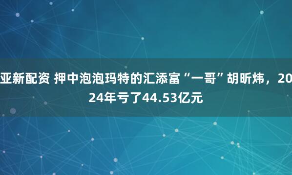 亚新配资 押中泡泡玛特的汇添富“一哥”胡昕炜，2024年亏了44.53亿元